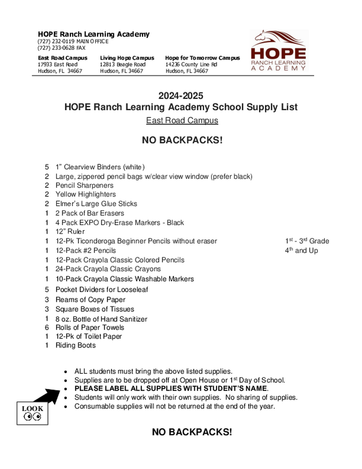 2024-2025 Supply List East Road