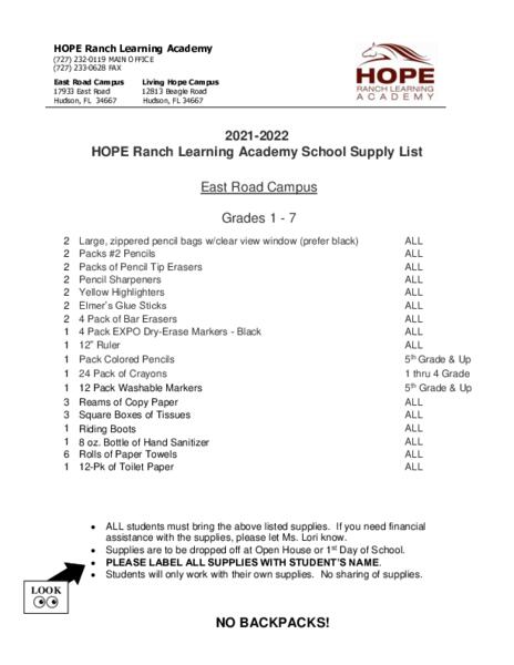 2021-22 Supply List East Road